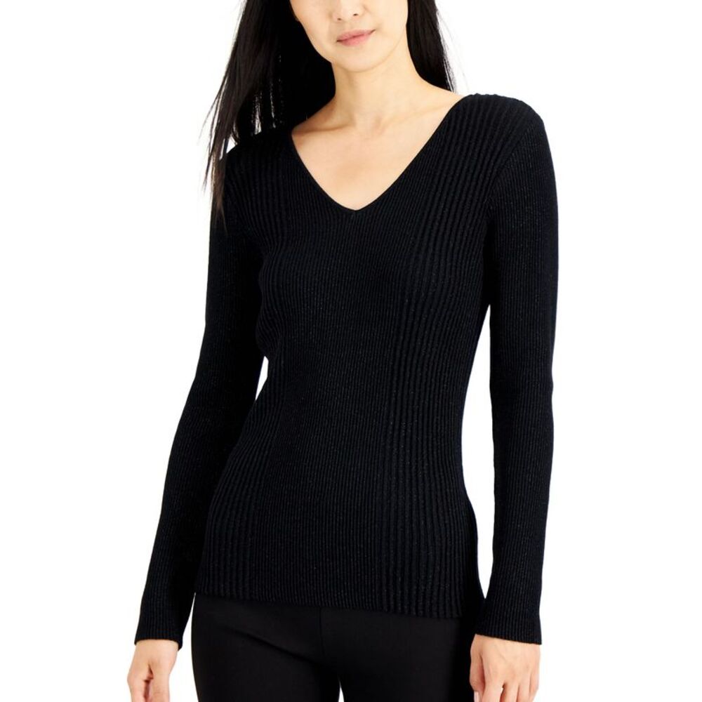 Alfani Womens Metallic Ribbed V Neck Sweater
